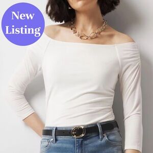 🆕 White House Black Market Off-The-Shoulder Ruched Top.  Ecru. Size L. NWT